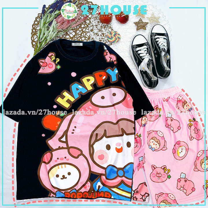 Đồ bộ cartoon hoạt hình bé heo hồng tay lỡ phom rộng / Set bộ unisex freesize