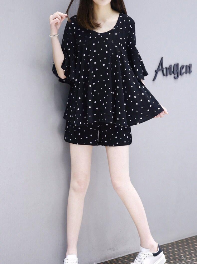 Đồ bộ nữ 💖 Set đồ bộ nữ thun chấm bi, quần đùi, áo cộc tay, tay loa kèn, dáng áo dấu bụng phong cách Hàn Quốc