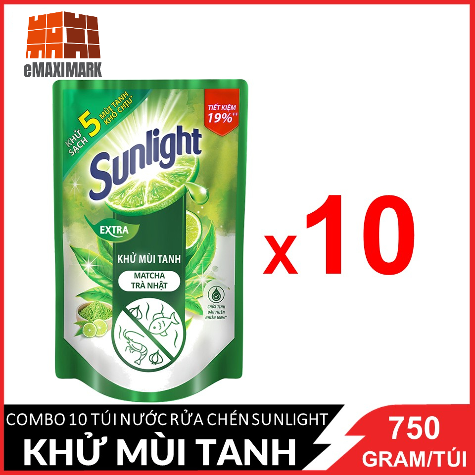 Combo 10 nước rửa chén sunlight trà xanh túi 750g