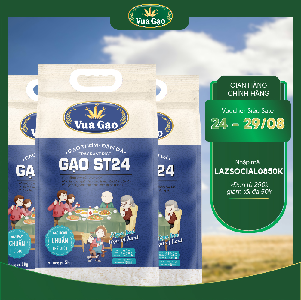 Combo 3 túi gạo st24 đậm đà 5kg - chính hãng vua gạo - gạo thơm ngon, dẻo nhiều, vị ngọt hậu - top 1 thế giới 2017