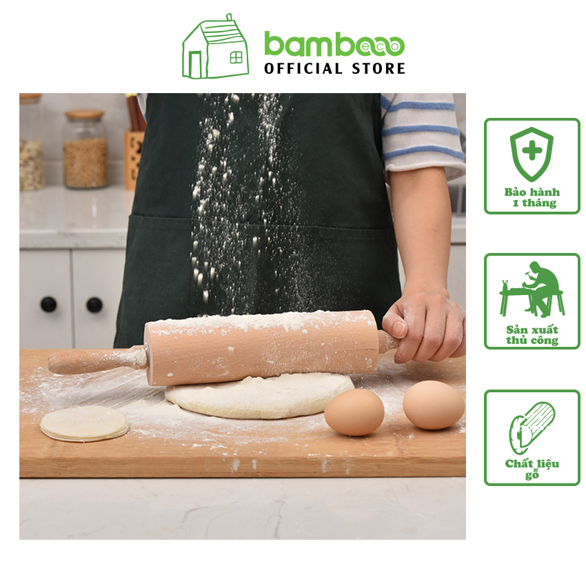 Cán lăn bột gỗ có trục xoay BAMBOOO ECO làm bánh, phụ kiện trang trí decor