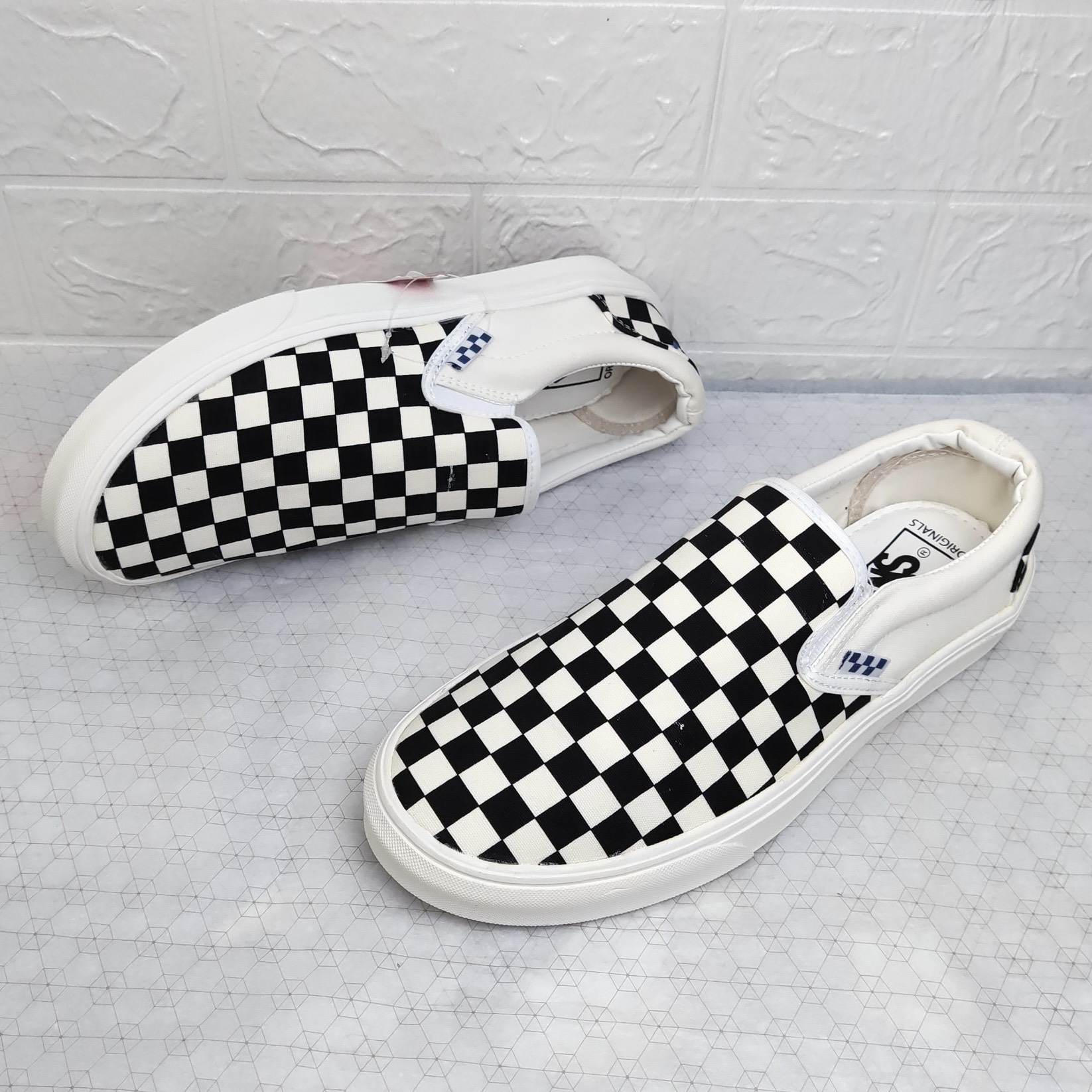 Giày Thể Thao Vans Slipon Caro Đen Trắng, Giày Lười Caro Đen Trắng Nam Nữ Fullbox