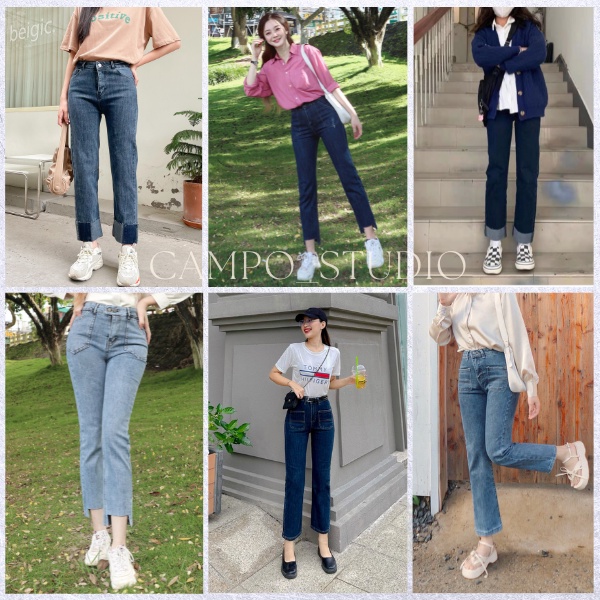Quần jean nữ ống đứng cắt gấu quần bò nữ ống đứng cạp cao campo