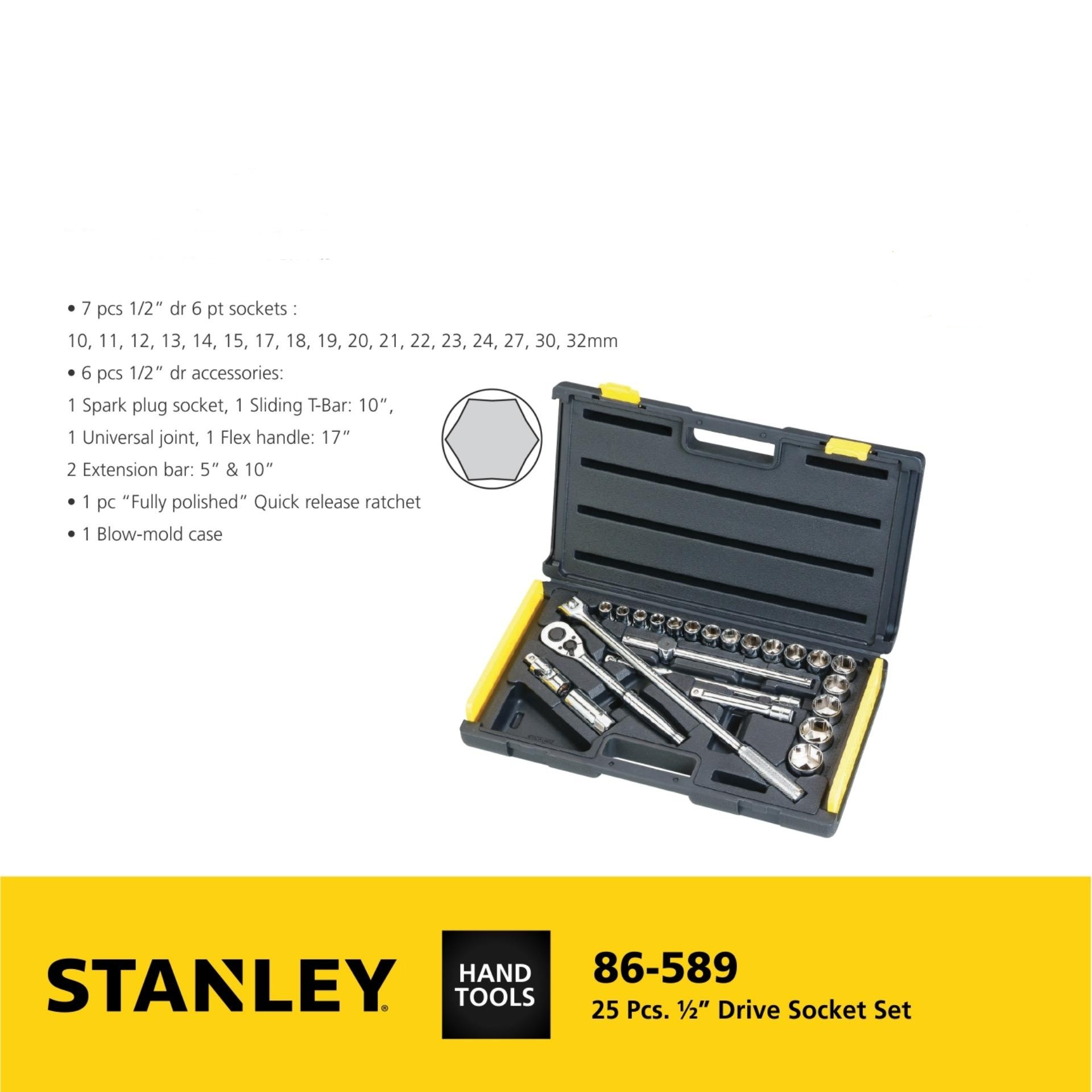 Bộ khẩu hệ 1/2 6 cạnh 25 chi tiết 10-32mm stanley 86-589