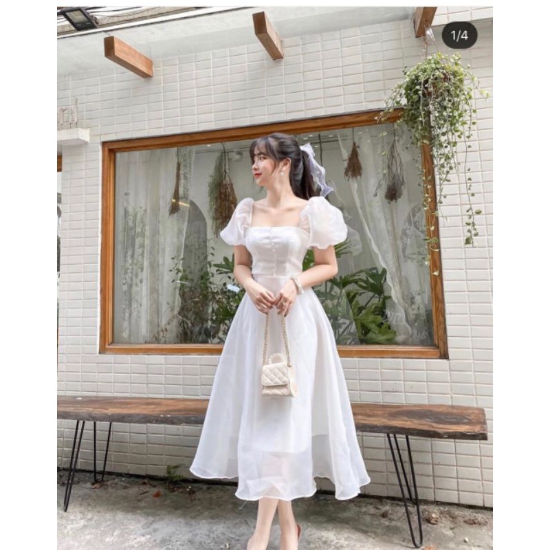 HCM]Đầm Xòe Tay Phồng Phối Nút Ngực Chất Tơ Xinh Cực Bori Dress ...