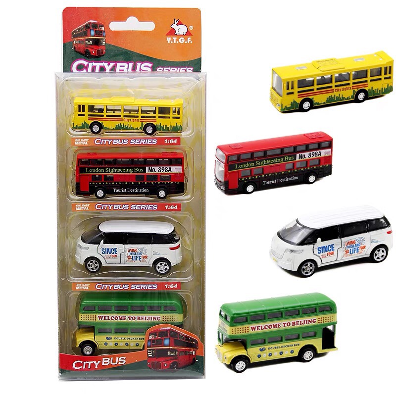 Set 4 chiếc xe bus trường học bằng sắt, mở cánh