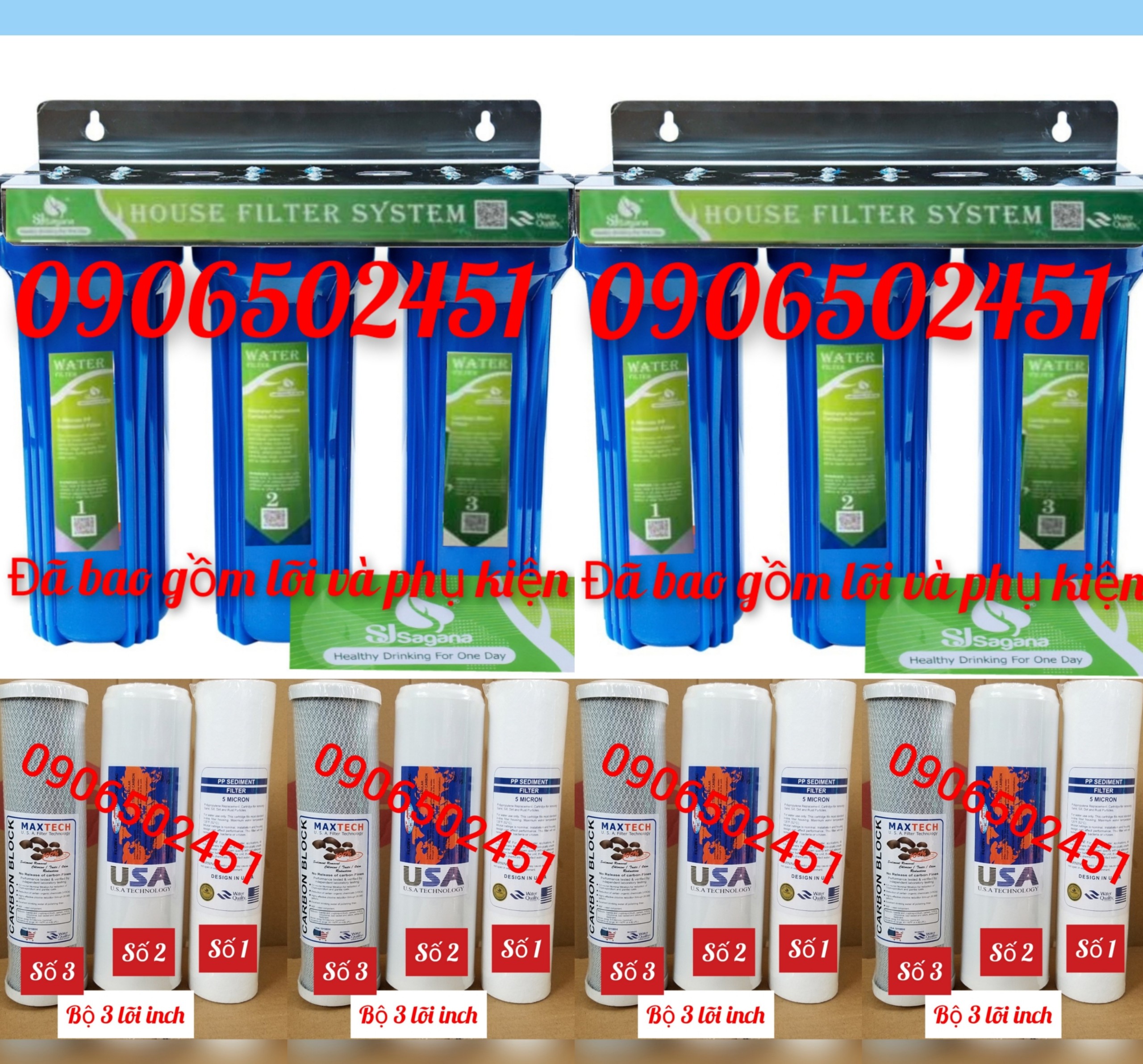 [HCM]Combo 2 BỘ LỌC NƯỚC SINH HOẠT GIA ĐÌNH( TẮT RỬA  GIẶT GIŨ  NẤU ĂN...) 3 CẤP 10 INCH + 4 bộ lõi (12 lõi như hình)