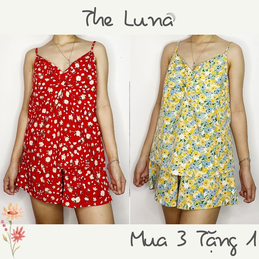 Đồ ngủ lụa mặc nhà nữ áo 2 dây quần đùi xoắn ngực LUNA họa tiết hoa dễ thương, đồ bộ pijama mặc nhà LUNA