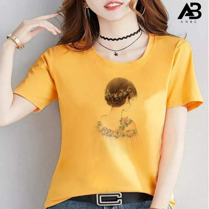 [GIÁ SỈ TOÀN QUỐC] Áo Thun Nữ Form Rộng Đẹp In Hình Cô Gái Búi Tóc Cổ Tròn Tay Ngắn Body AnBe Shop
