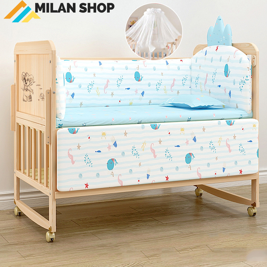 Cũi ngủ cho bé 2 tầng gấp gọn, nôi cũi cho bé đa năng chất liệu gỗ thông kích thước 105x60x90cm, tặn