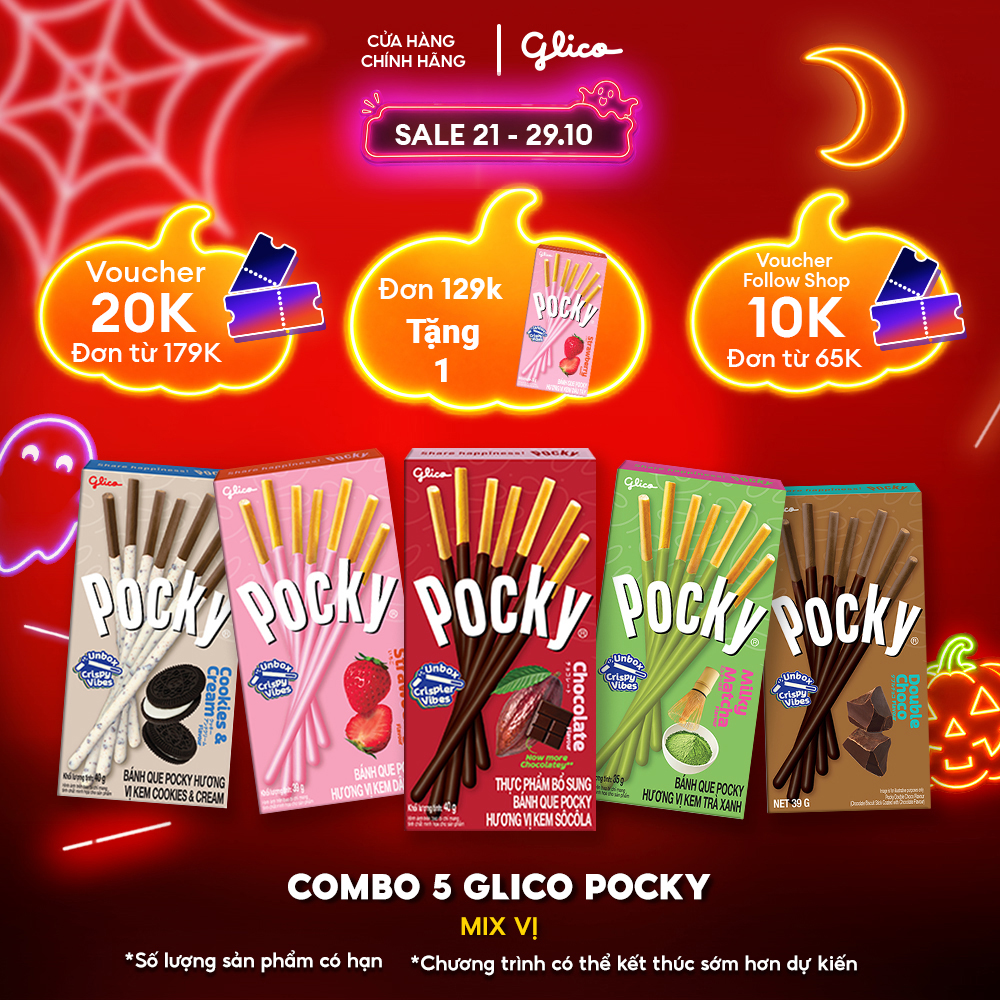 Combo 5 Hộp Mix Vị Bánh Que Phủ Kem Glico Pocky (00433 - 1 Dâu_1 Cookie_1 Milk Hokkaido_1 Double Choco_1 Matcha)