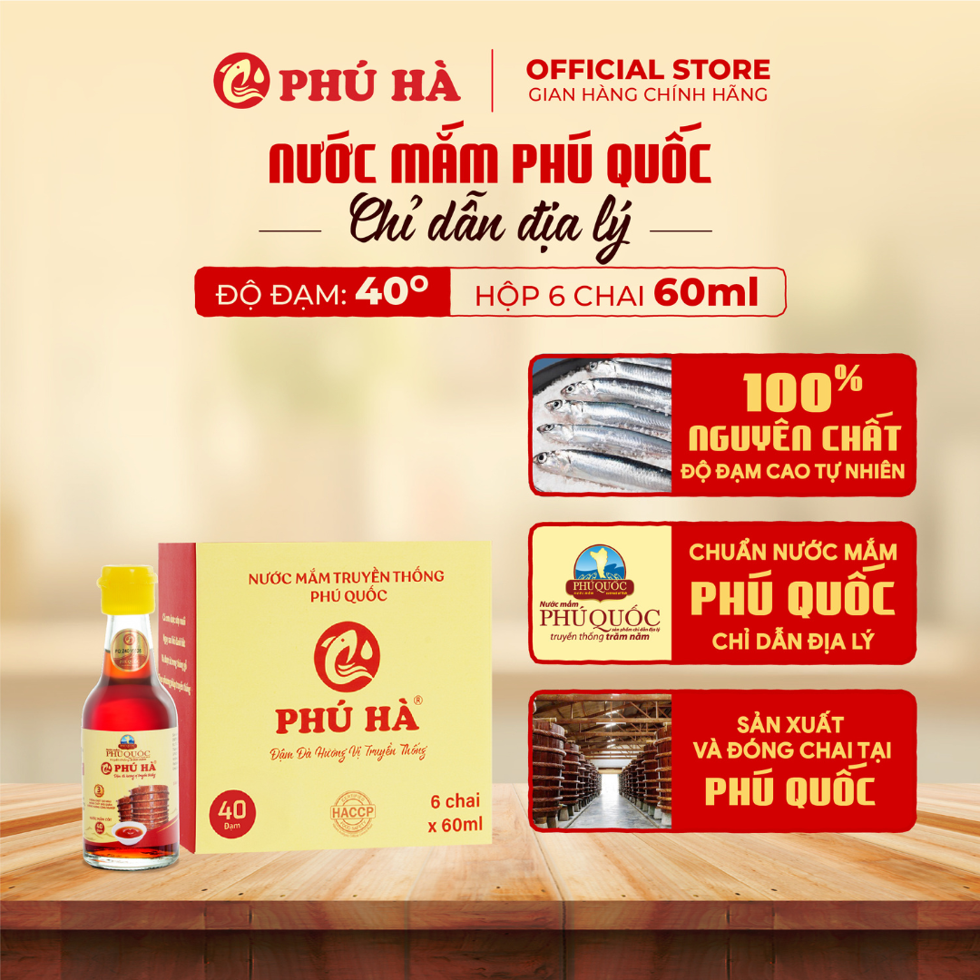 Nước mắm Phú Quốc Chỉ Dẫn Địa Lý Phú Hà Cao Cấp 40 độ đạm - Hộp 6 chai 60ml
