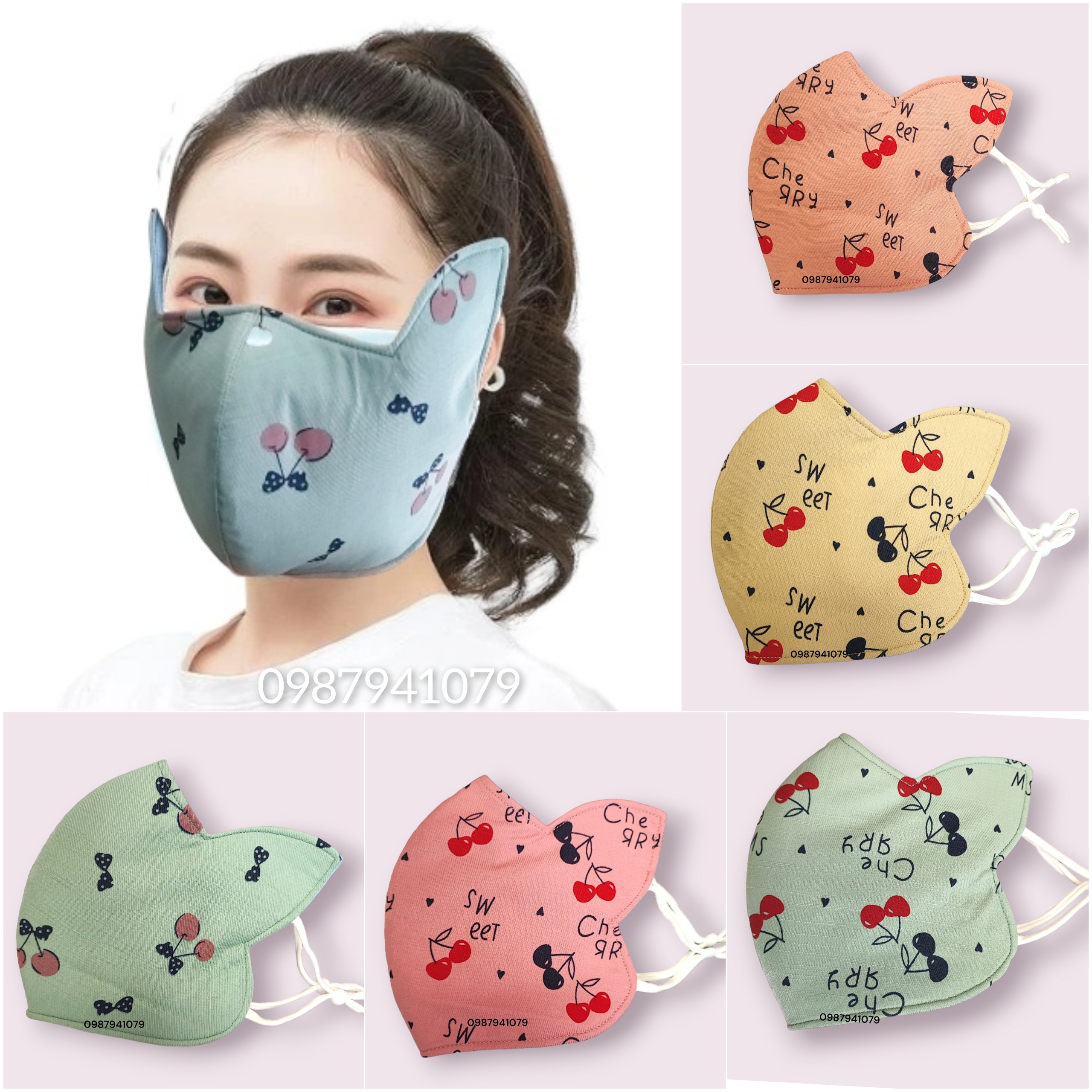 Khẩu trang chống nắng tai mèo 3 lớp, khẩu trang vải chống nắng cao cấp nhiều màu