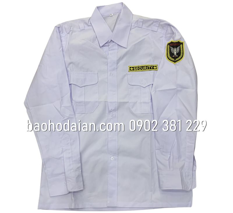 Áo đồng phục bảo vệ, vệ sĩ màu trắng dài tay kèm logo tay và ngực