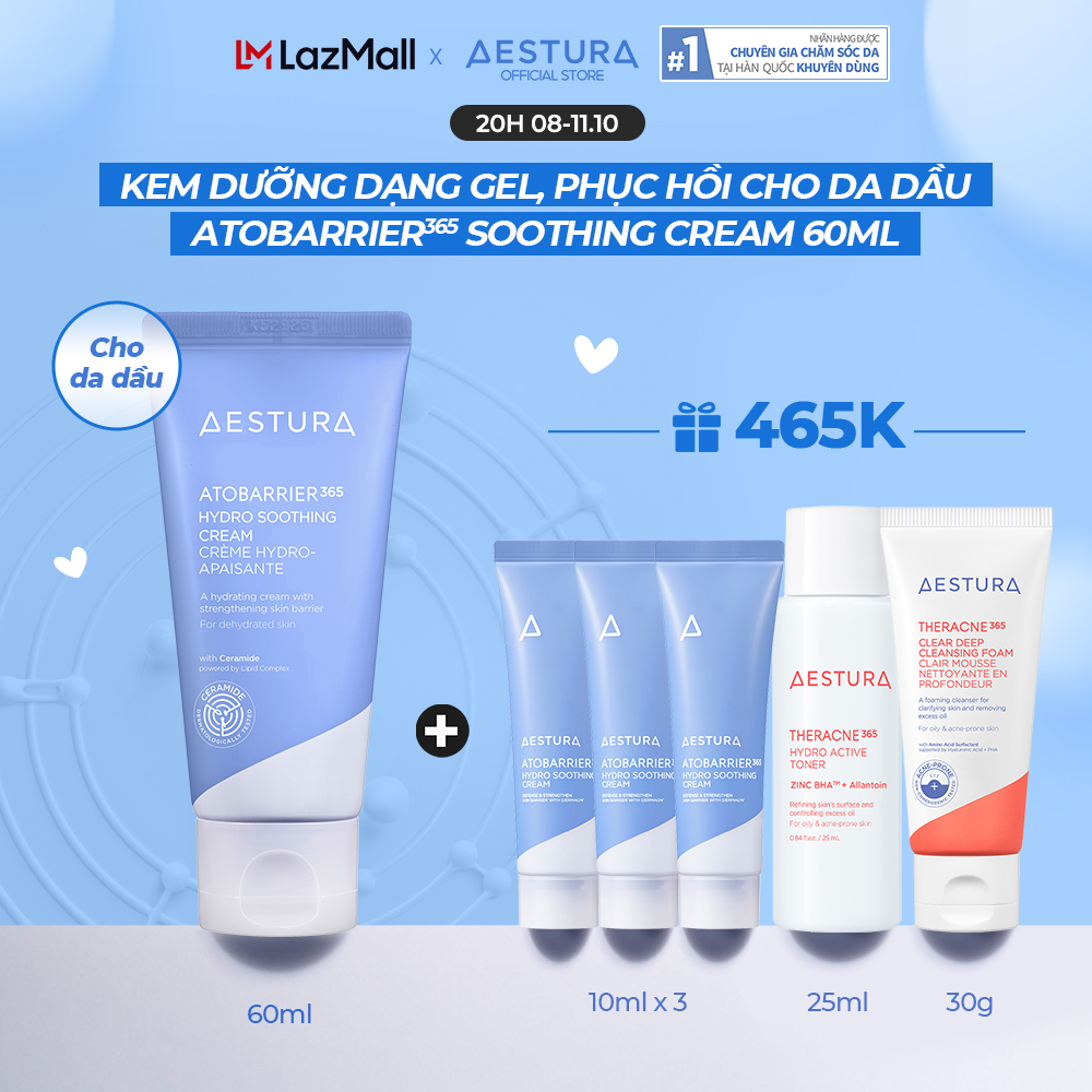 [TẶNG THÊM 40ML] Kem dưỡng ẩm dạng gel, mỏng nhẹ, làm dịu AESTURA ATOBARRIER365 Hydro Soothing Cream 60ml