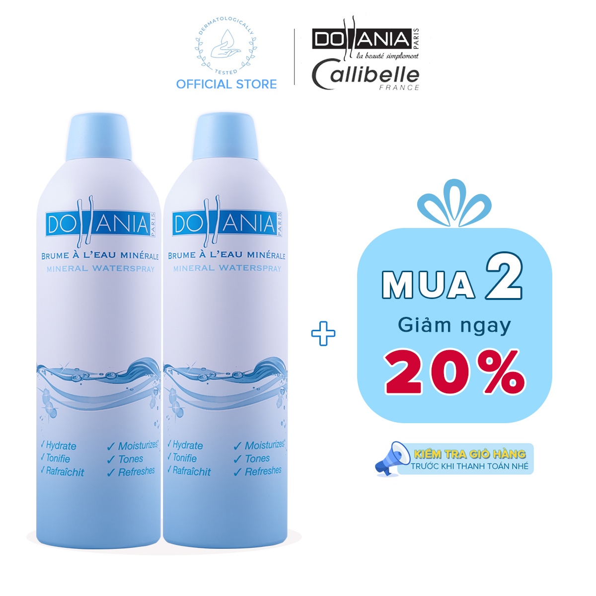 Bộ 2 Xịt khoáng Dollania dưỡng ẩm cấp nước làm dịu làn da Brumisateur Eau Minerale 400ml