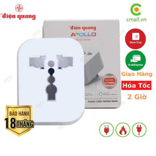 Ổ Cắm Thông Minh 10A - Ổ cắm Wifi Điện Quang Apollo 2000W/ 2.4Gh, Chức Năng Hẹn Giờ, Điều Khiển Từ Xa BH 24 tháng