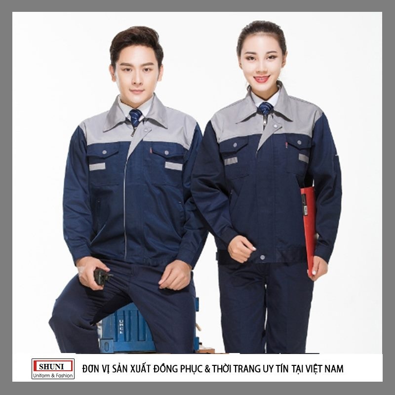 Bộ quần áo bảo hộ lao động nam nữ màu than phối xám khóa kéo – SHUNI012B, quần áo bảo hộ cao cấp, quần áo bảo hộ lao động vải kaki liên doanh loại dày, đồng phục kỹ sư,công ty, xây dựng, nông nghiệp,bảo hộ lao động SHUNI