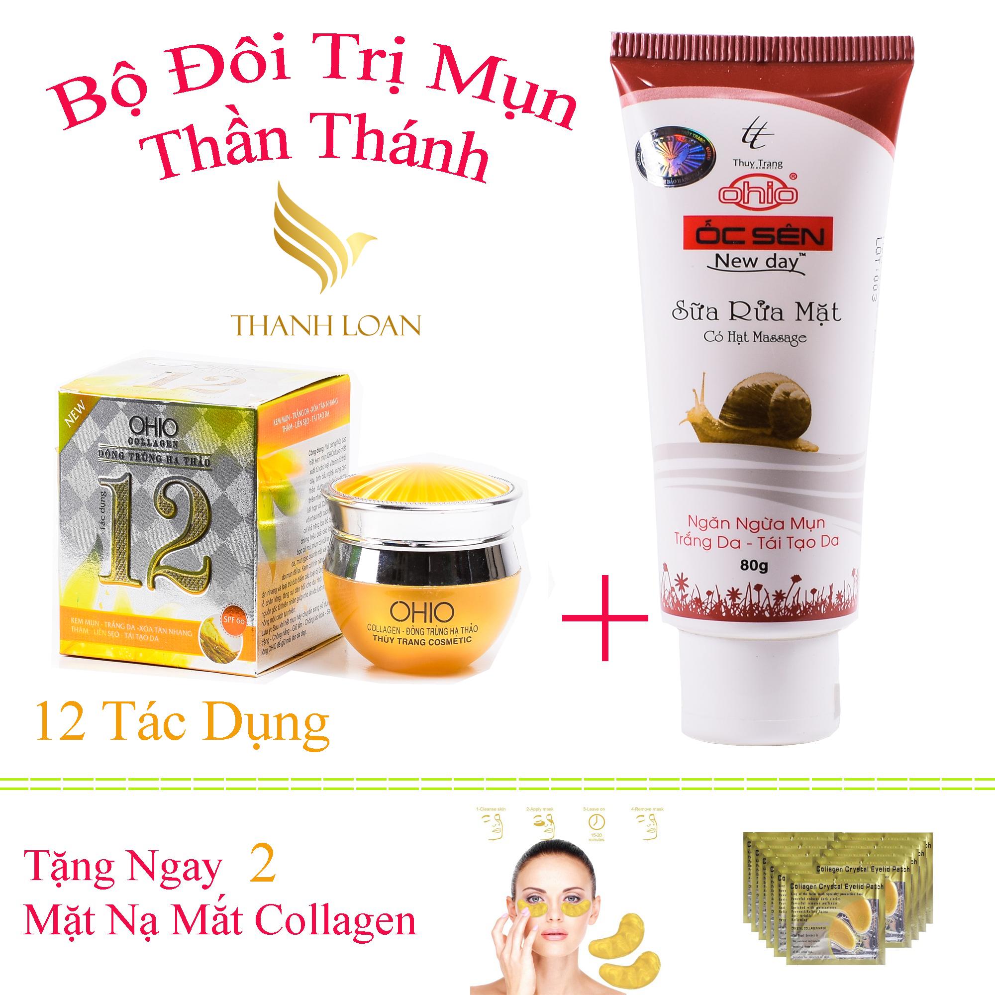 [HCM]Combo Kem Mụn - Trắng da -Xóa Tàn Nhang - Thâm - Liền Sẹo - Tái tạo da - 12 Tác dụng Ohio Collagen - Đông trùng hạ thảo 30g +Sữa rửa mặt ngăn ngừa mụn - Tái Tạo da OHIO Ốc Sên New Day - Tặng Ngay 2 Mặt Nạ Mắt Collagen-Xinh Xinh