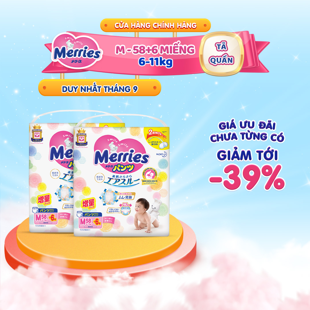 DEAL GIẢM TỚI 39 Thùng 2 Tã quần Merries cộng miếng đủ size M64/L50/XL44/XXL28