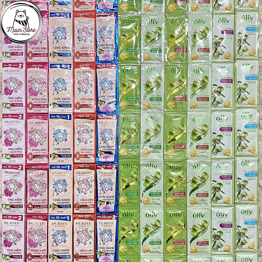 Dây dầu gội, sữa tắm, dầu xả purite oliv
