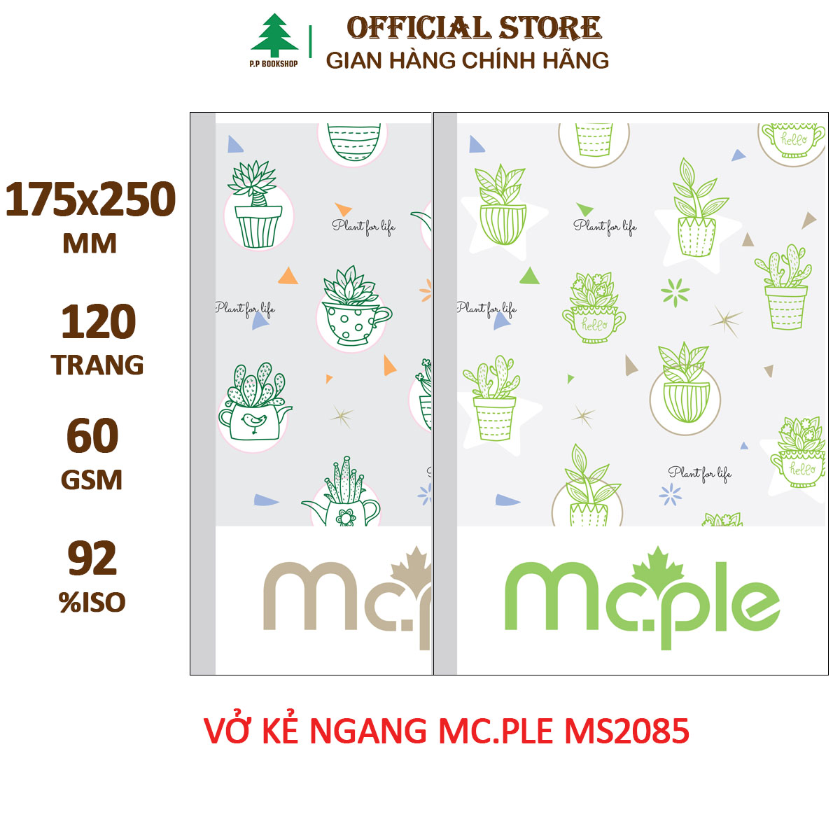 [MC.PLE] Vở kẻ ngang B5 MC.PLE Mc.ple 120 trang PLANT FOR LIFE MS2085, định lượng 60gsm, độ trắng 92