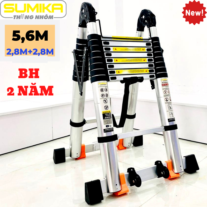 Thang nhôm rút đôi (Chữ A: 2,8m Chữ I: 5,6m) Sumika SK560D NEW - Nút cao su chống trượt, khóa chống rung lắc, 2x9 bậc, tải trọng 300kg, bảo hành 2 năm SKS560D SK560DNEW