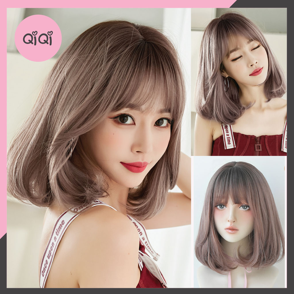 Tóc giả nữ nguyên đầu CAO CẤP nâu hồng, tóc ngang vai, cụp đuôi, mái thưa giống tóc thật Qiqishop