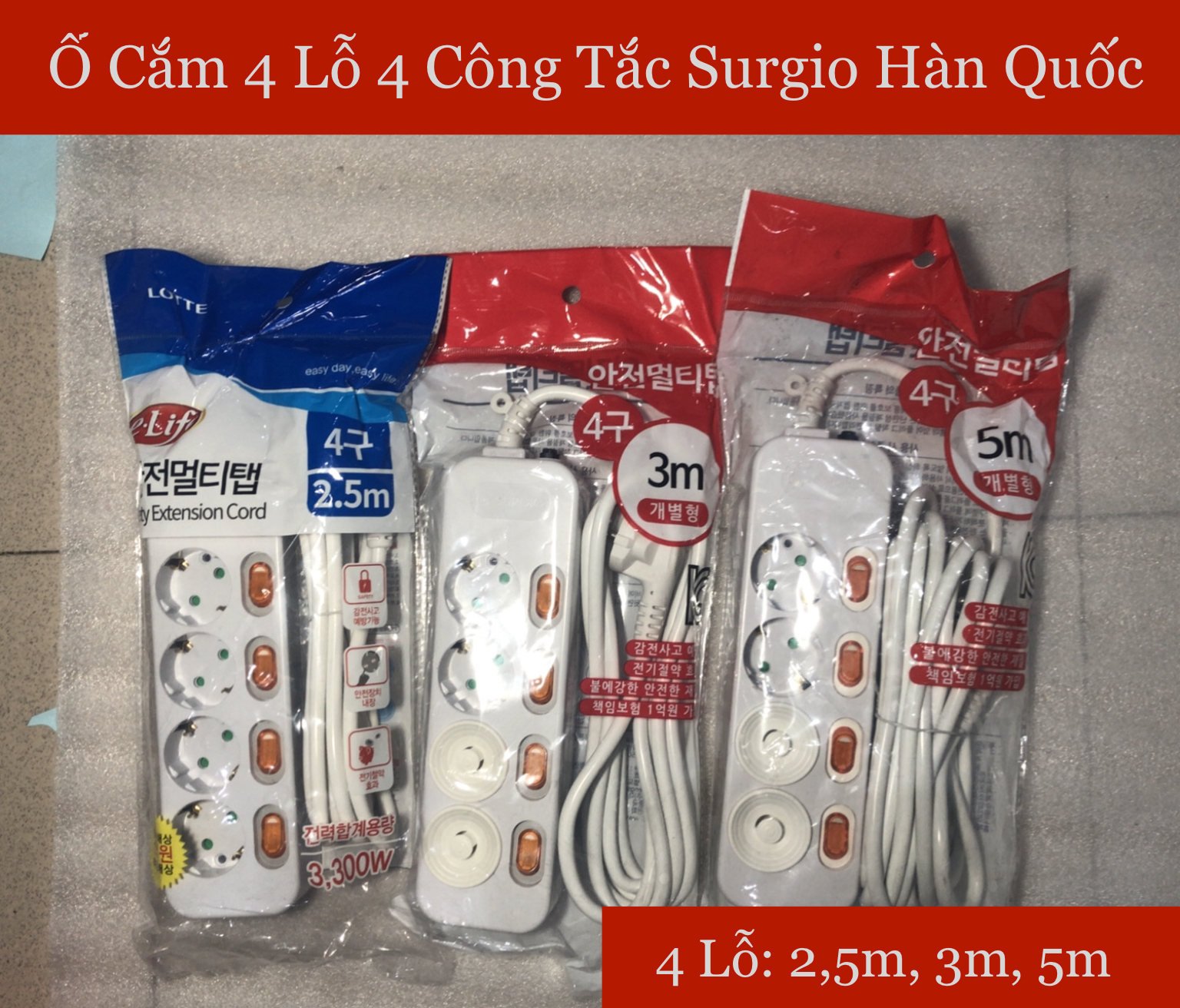 Ổ Cắm Surgio Hàn Quốc 4 Lỗ 4 Công Tắc