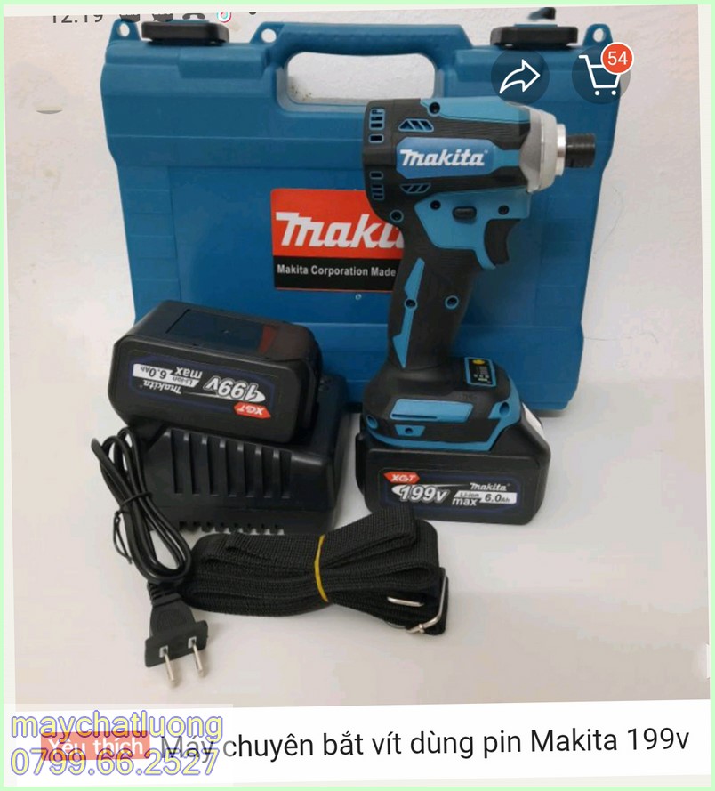 Máy chuyên bắn vít Makita 199V 3 đèn led trợ sáng, đầu gài lục giác 6ly