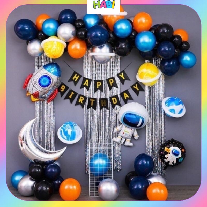 Set bong bóng trang trí sinh nhật happy birthday chủ đề phi hành gia cho bé trai bé gái đầy đủ phụ kiện Tặng Bơm Băng Dính
