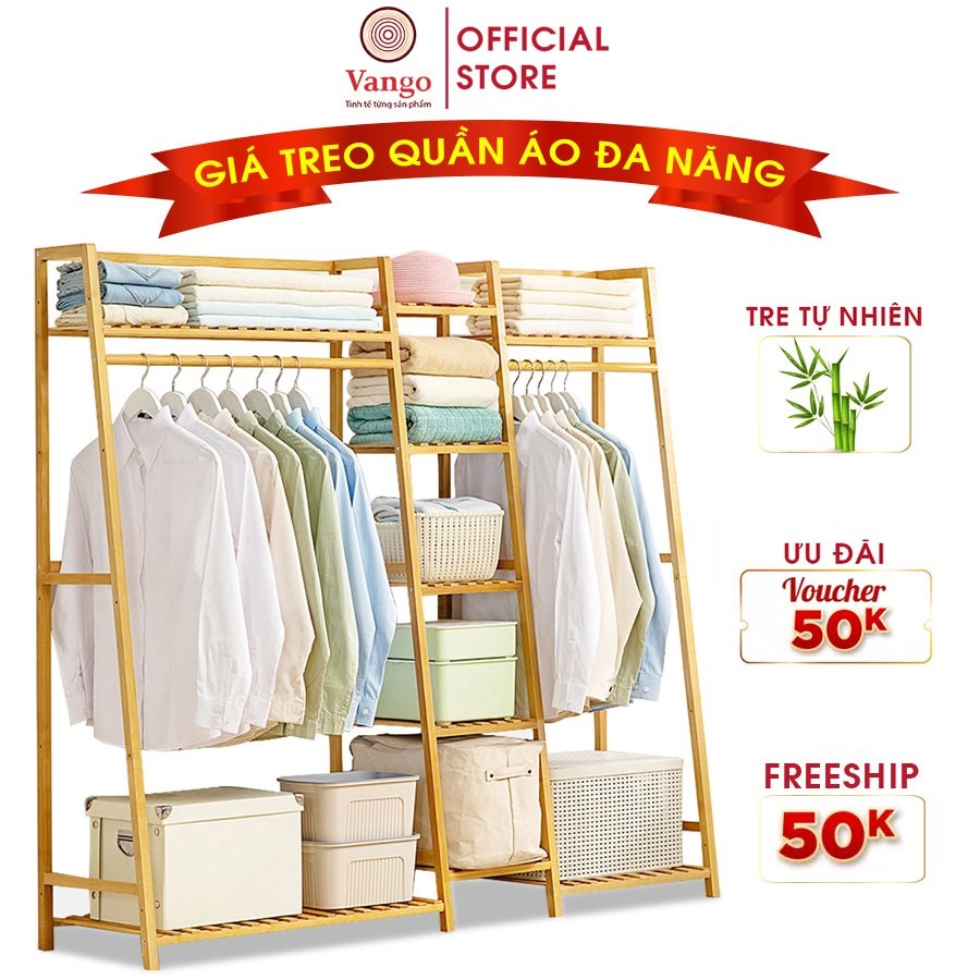 Giá kệ treo quần áo thông minh VANGO V19 gỗ tre tự nhiên cao cấp , Giá kệ để đồ có chỗ để giày đa năng tiện lợi phong cách nội thất hiện đại, sang trọng