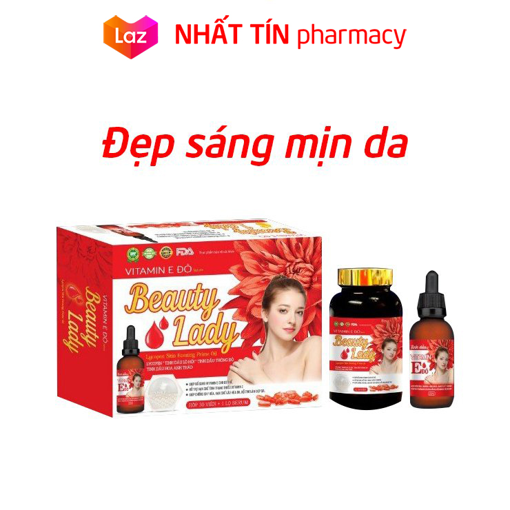 Combo 1 chai vitamin e đỏ 30 viên, 1 tinh dầu e đỏ 30ml từ tinh dầu thông đỏ, hoa anh thảo giúp đẹp sáng da, giảm nám sạm da