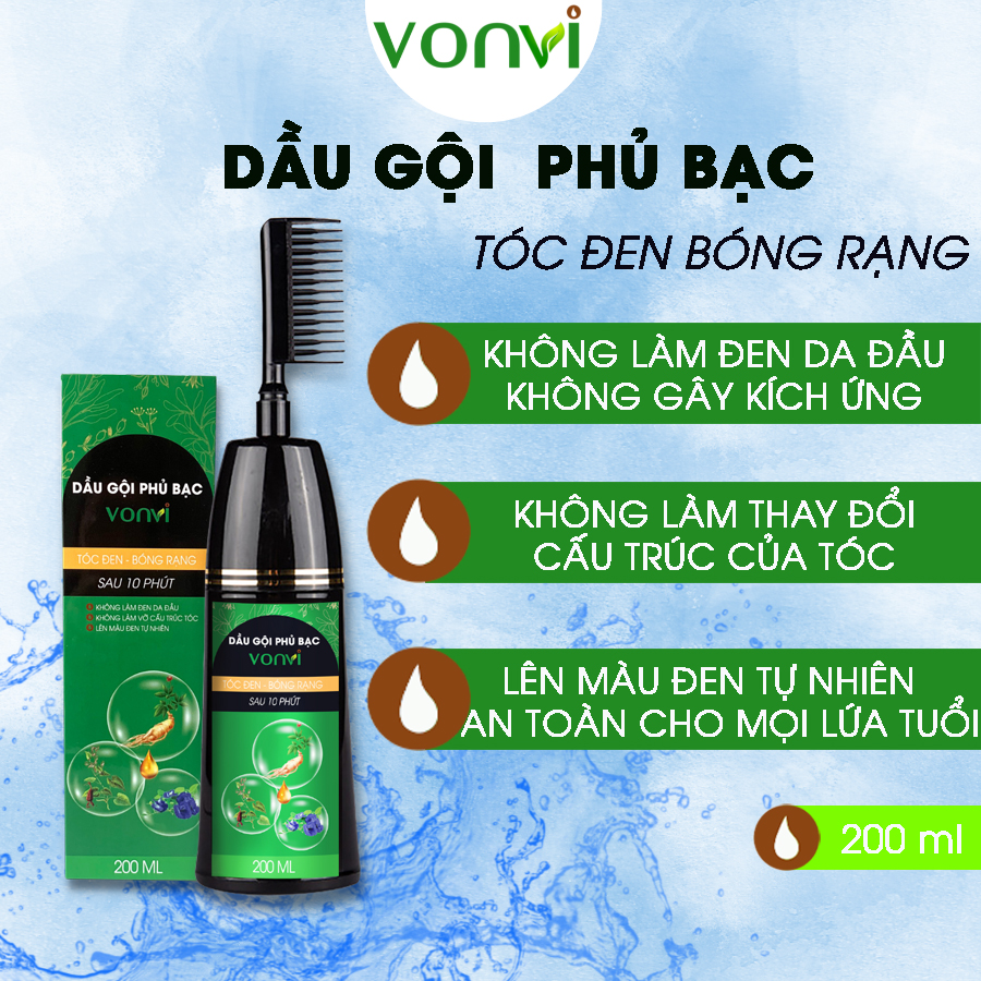 Dầu gội phủ bạc đen tóc VonVi chỉ 10 phút mái tóc đen trở lại với thiết kế lược chải 200ml