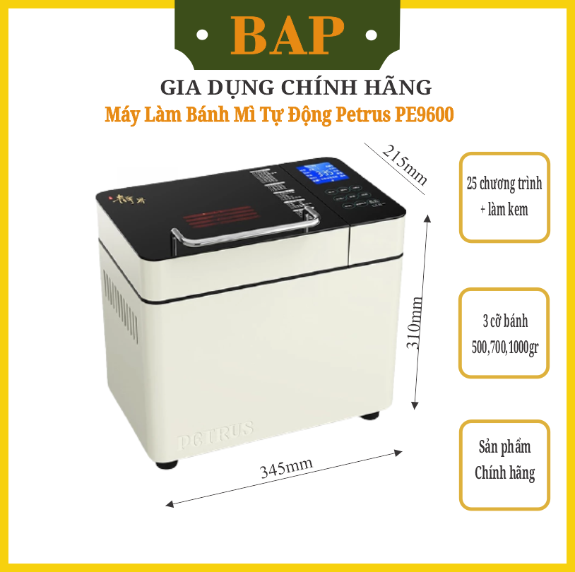 Máy làm bánh mì tự động 3 trong 1 Petrus PE9600 Phiên bản cao cấp, máy nhồi, ủ, nướng bánh mì