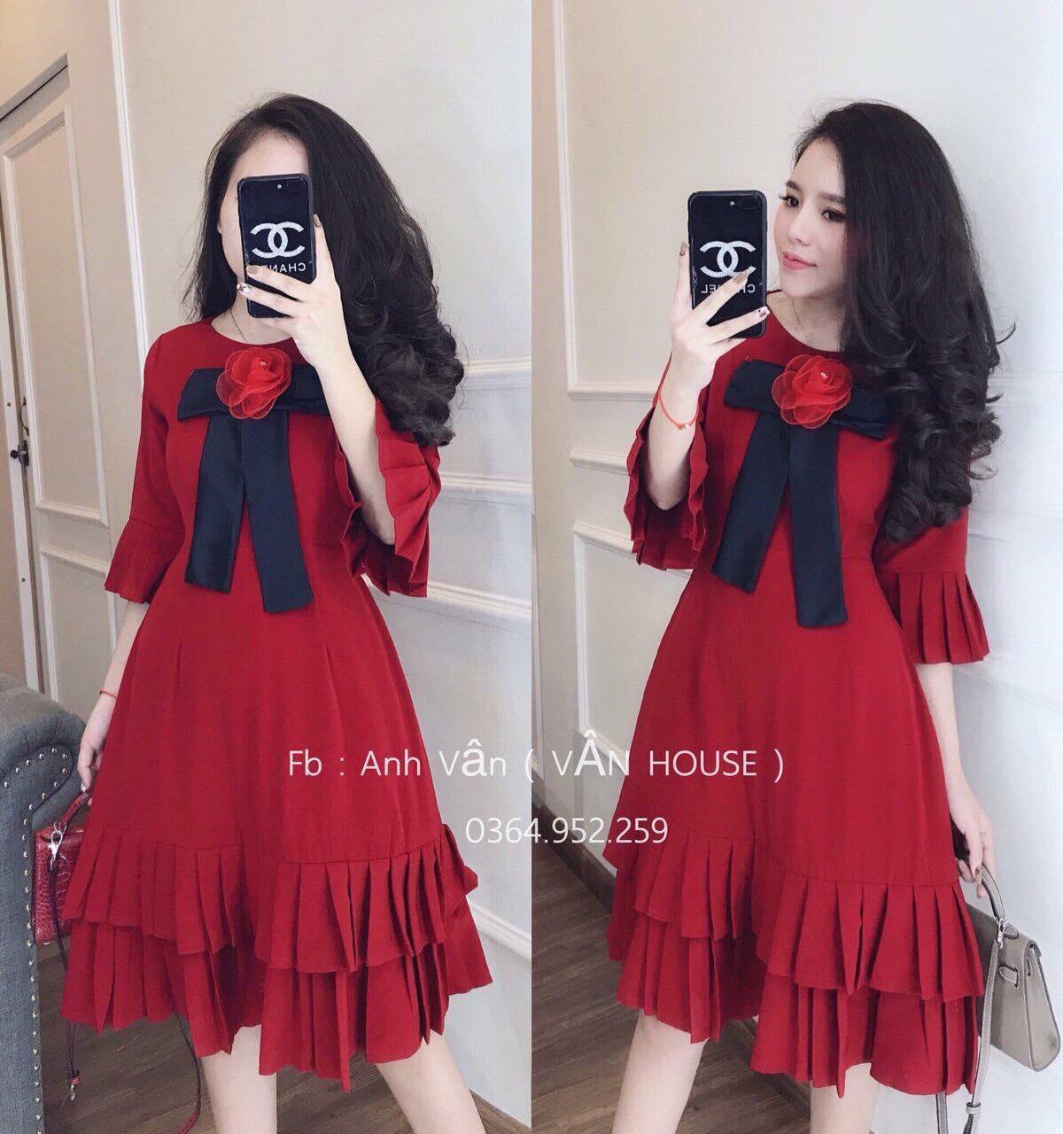 Đầm xoè đỏ nơ đen