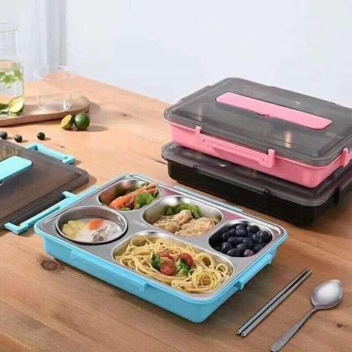 [MIỄN SHIP] Khay cơm 5 ngăn kèm bộ thìa đũa inox có chức năng hâm nóng cơm bằng nước sôi trước khi ăn (Không tốn điện) - Bộ hộp cơm nhiều ngăn đựng thức ăn tiện lợi có giá đỡ điện thoại kiểu mới, thiết kế chống tràn