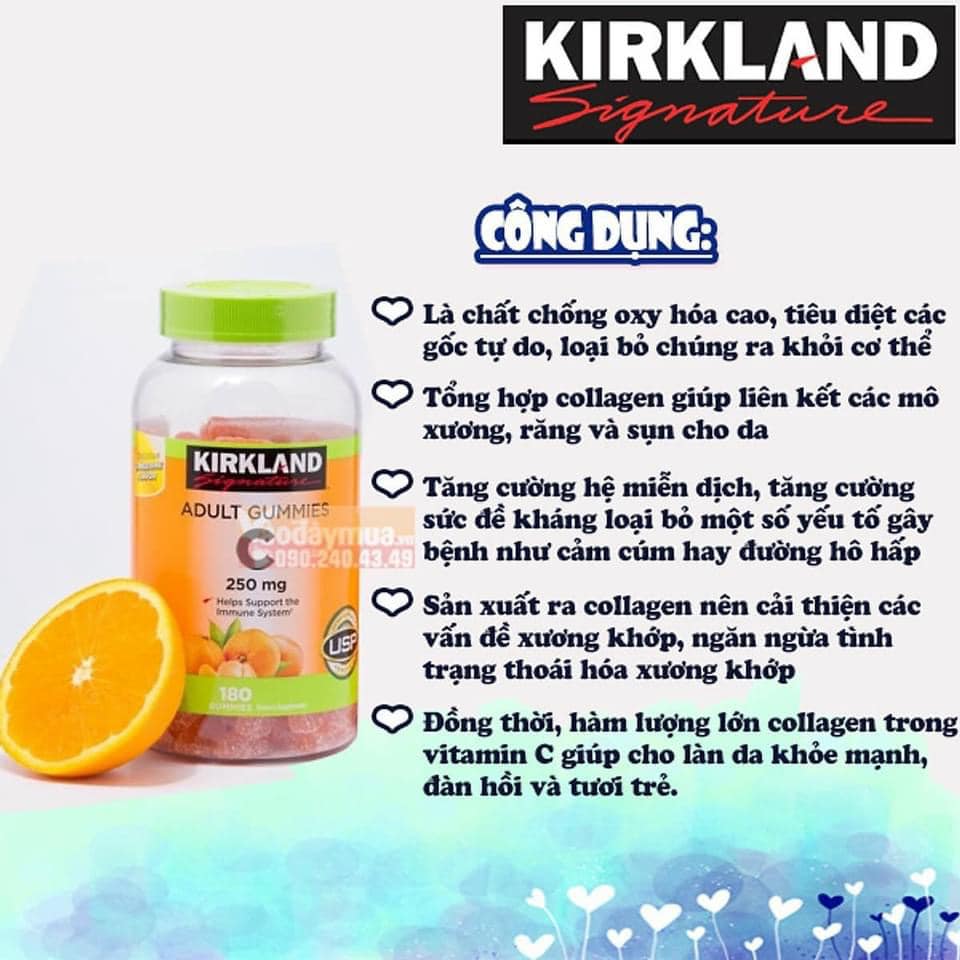 Kẹo dẻo bổ sung Vitamin C Kirkland Adult Gummies C 250mg chai 180 viên của Mỹ