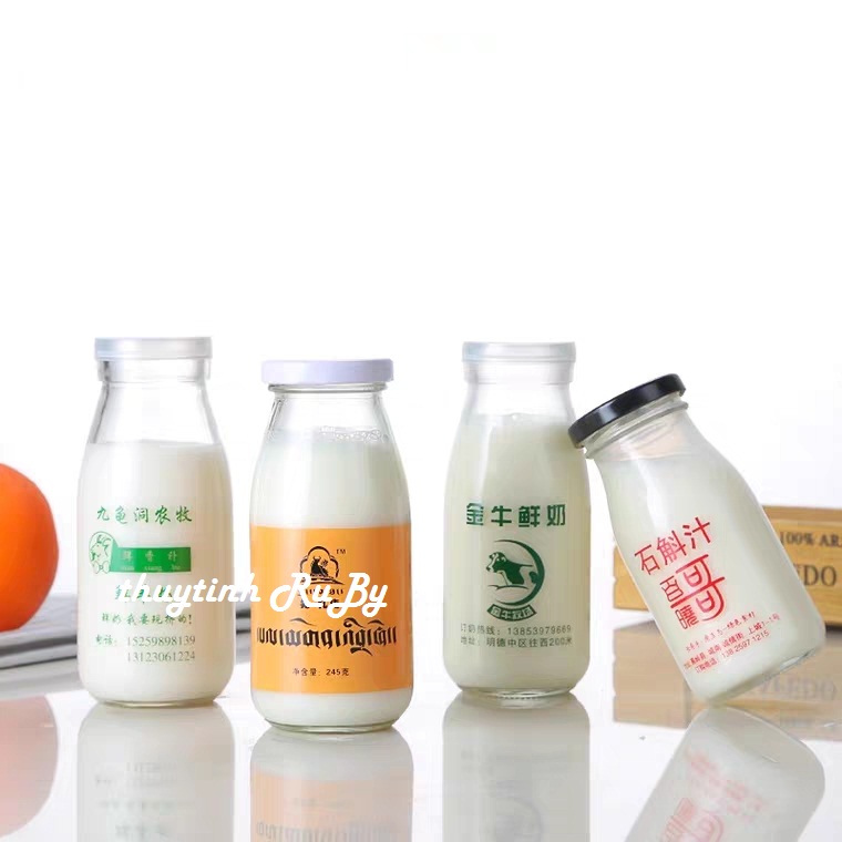 Chai Thủy Tinh Đựng Sữa 200ml nắp thiếc (Chai Trắng Trơn không in), Chai Đựng Nước Ép, lọ chưng yến, Chai Sữa, Bình sữa Thủy Tinh, chai pudding, hũ sữa chua, hu yaourt, Lọ làm bánh Flan