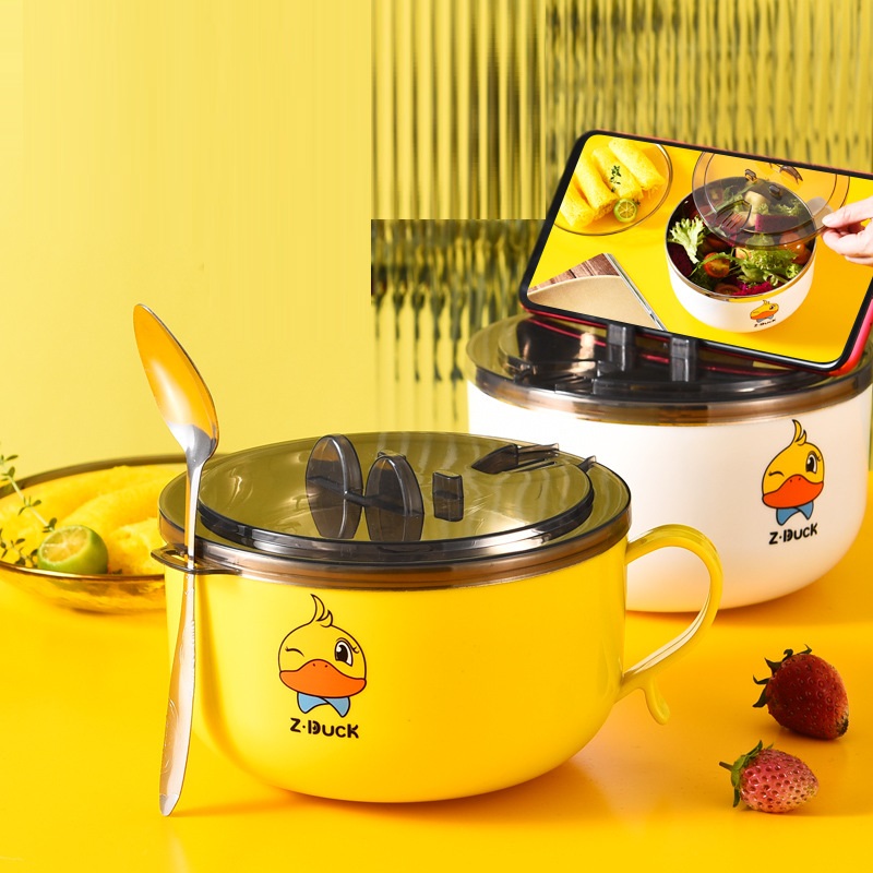Ca ăn mì chống nóng bát ăn cháo có nắp lòng inox vịt vàng hàng cao cấp
