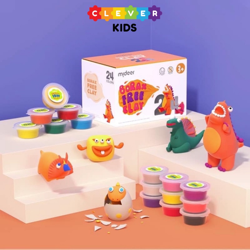 Đất nặn an toàn xốp không dính tay, đất sét tự khô cao cấp cho bé mideer borax free clay bộ 6, 24, 36 màu - clever kids