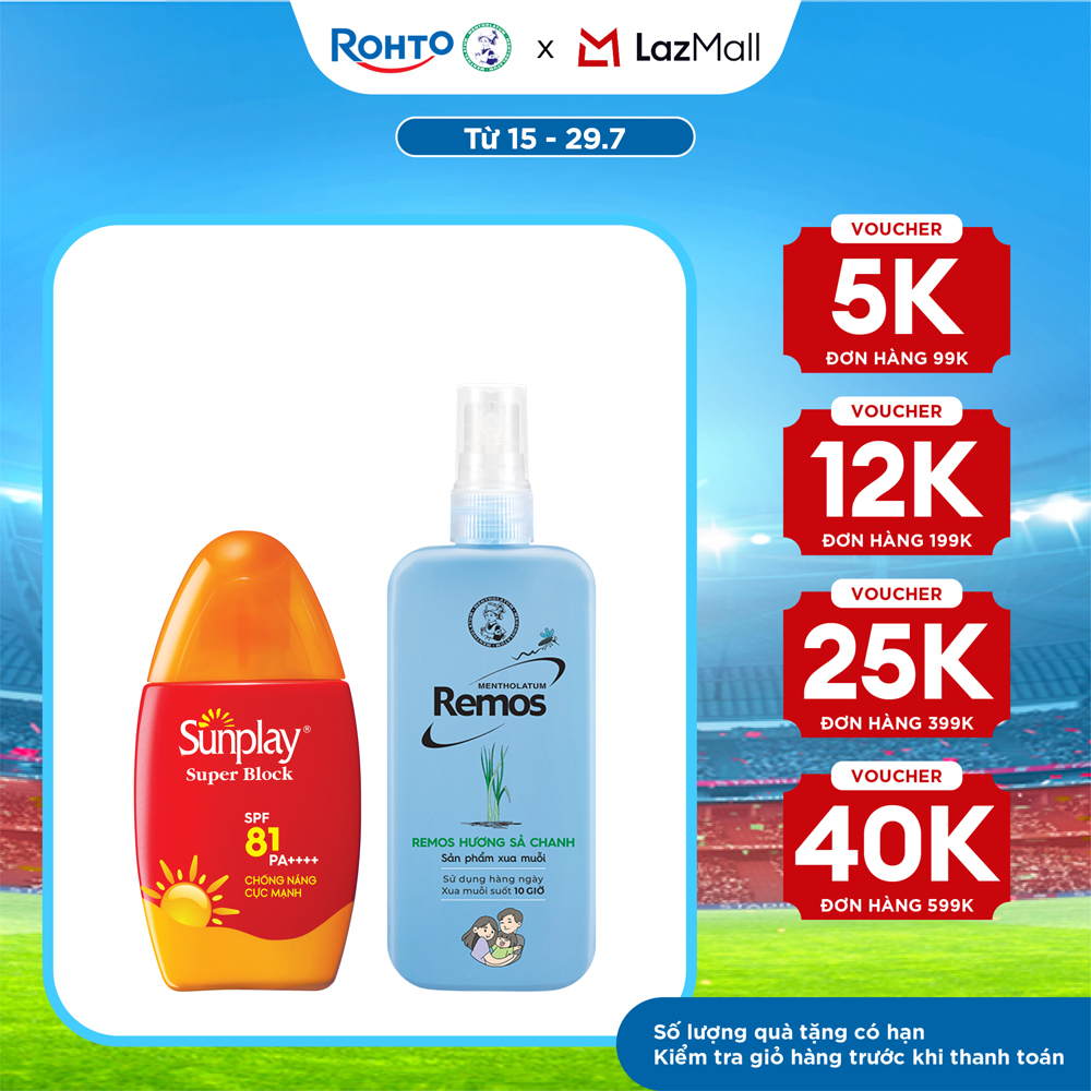 [VB] Combo sản phẩm chống nắng ngừa muỗi cho gia đình: Kem  chống nắng cực mạnh Sunplay Super Block 30g   Xịt chống muỗi hương Sả chanh Remos 150ml