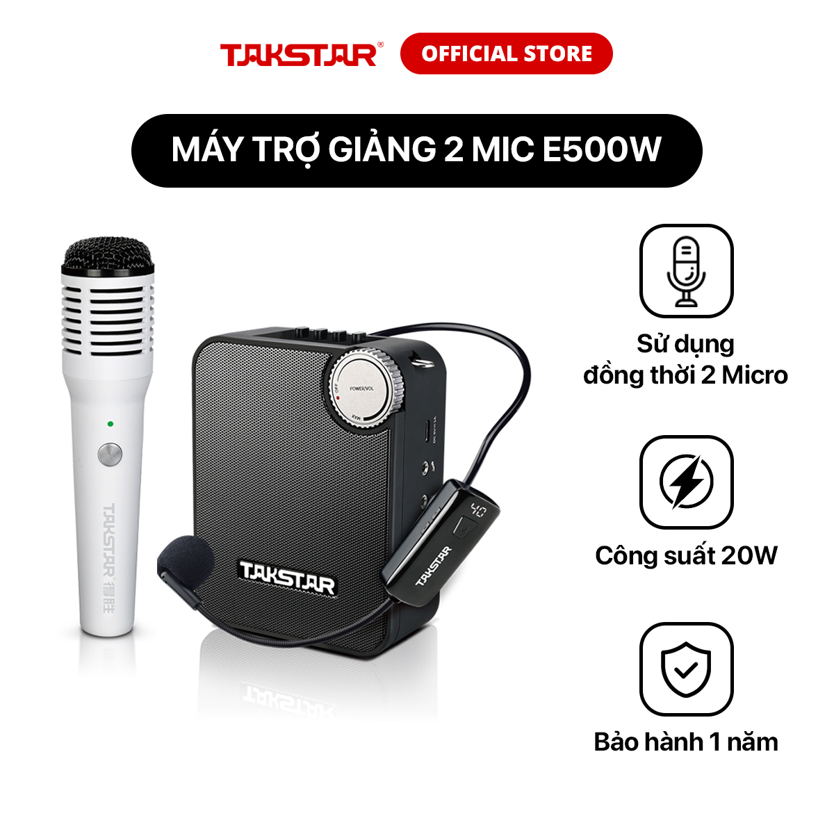 Máy Trợ Giảng 2 Mic Không Dây Cao Cấp Takstar E500W Bluetooth, Công Suất Loa Lớn 20W, Chính Hãng Cao Cấp Bảo Hành 1 Năm