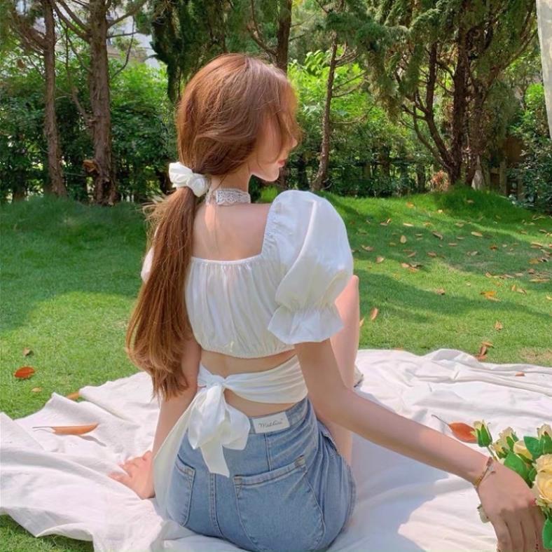 Áo Croptop thắt nơ sau lưng - áo kiểu croptop cổ U tay phồng . mã A32