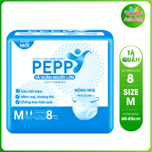 Tã quần người lớn mỏng nhẹ, thấm hút nhanh ( chứa khoảng 650ml)  PEPPY Size M - 8 miếng/gói, Size L - 7 miếng/gói