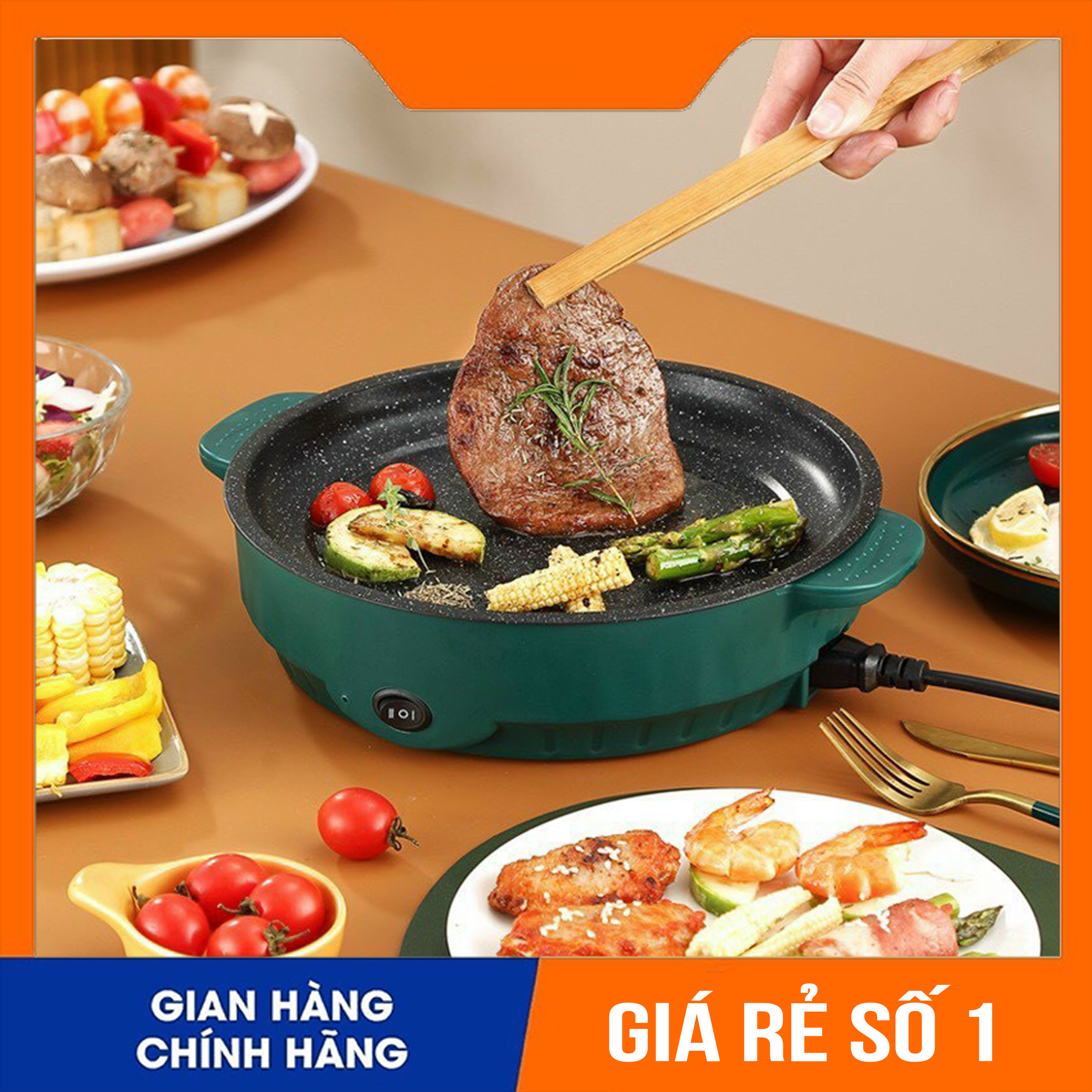 Chảo nướng điện mini đa năng, bếp nướng điện chống dính 26 cm, nướng thịt, nướng bbq tiện lợi