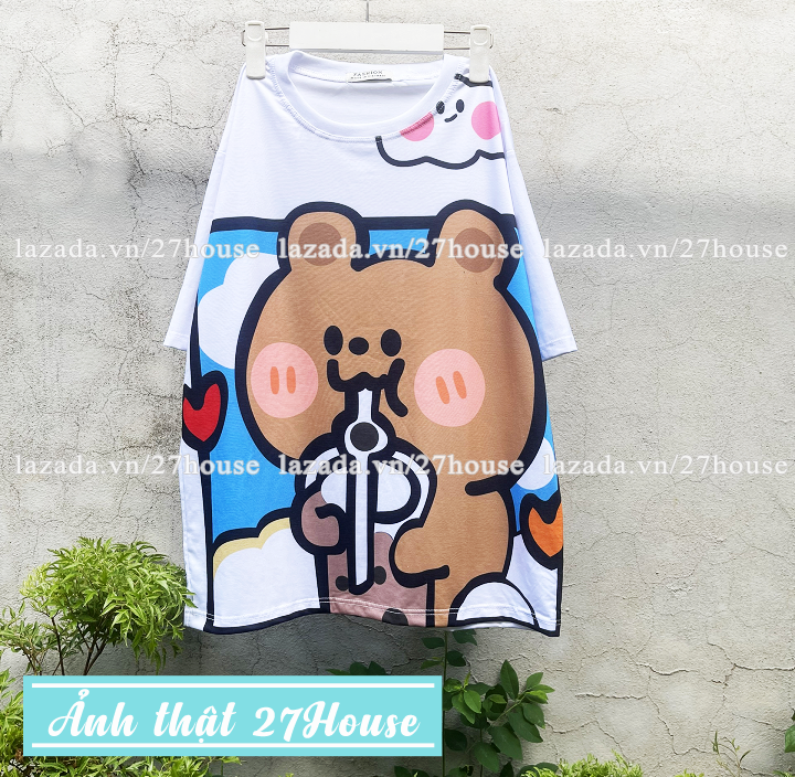 Áo thun unisex hoạt hình cute Áo phông báo hồng phom rộng tay lỡ freesize 65kg