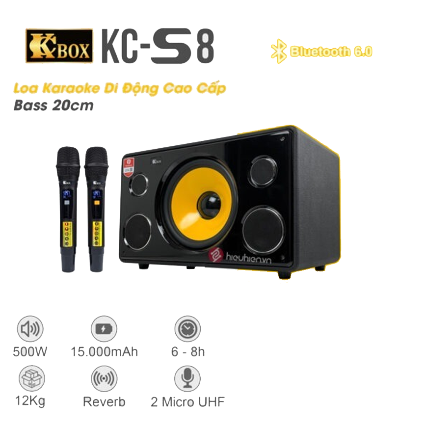 Loa xách tay karaoke Kcbox KC S8 - Loa di động KCBOX S8 ( Kèm 2 Micro Không Dây ) công suất 500W, với hệ thống 5 loa, 3 đường tiếng với Bass sup 20cm, Bluetooth 6.0 , Dung lượng Pin mạnh mẽ 15.000mAh, hoạt động liên tục từ 6 – 8h
