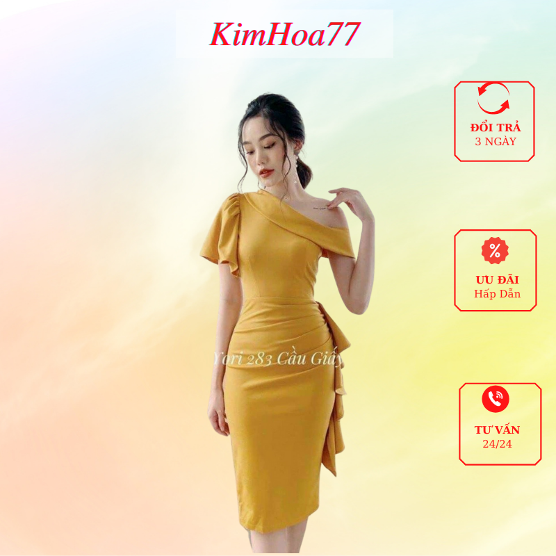 Váy body đầm nữ dự tiệc freesize chất umi lệch vai phối bèo 1 bên kimhoa77
