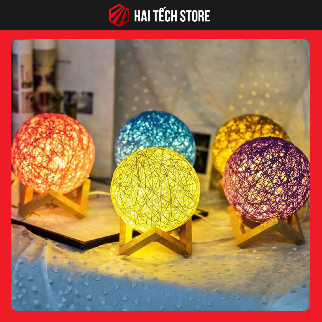 Đèn ngủ để bàn bóng LED hình cầu mây có điều khiển từ xa có kèm đế gỗ | Đèn ngủ trang trí decor phòng ngủ